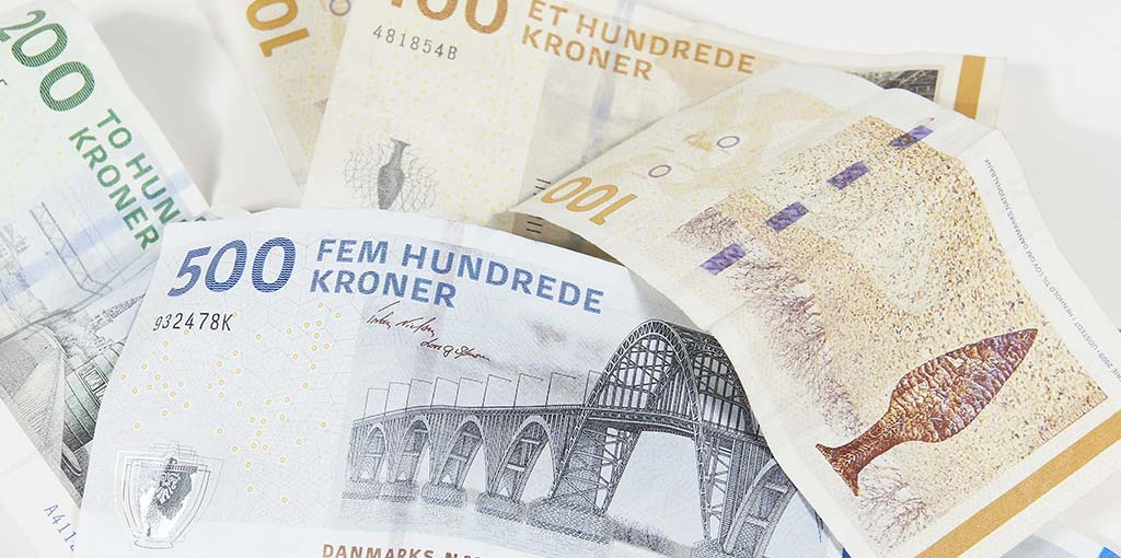Viser forskellige danske pengesedler
