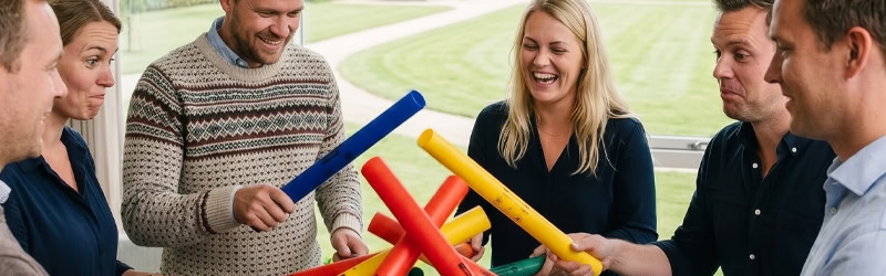 Glade mennesker oplever festlig teambuilding musik med Boomwhacker Blast.
